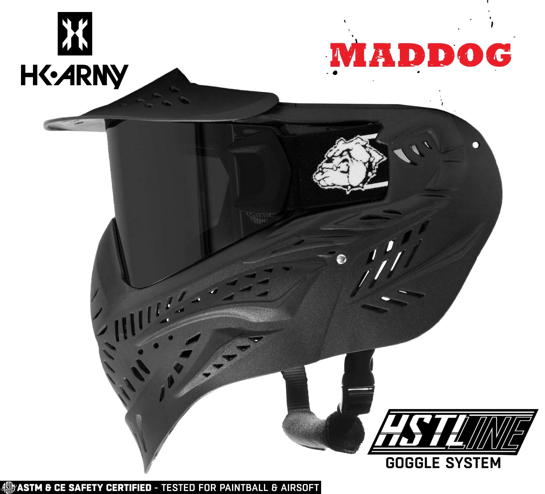 Maddog HK Army HSTL Goggle full-face black paintball and airsoft mask with tinted anti-fog thermal lens and adjustable chin strap