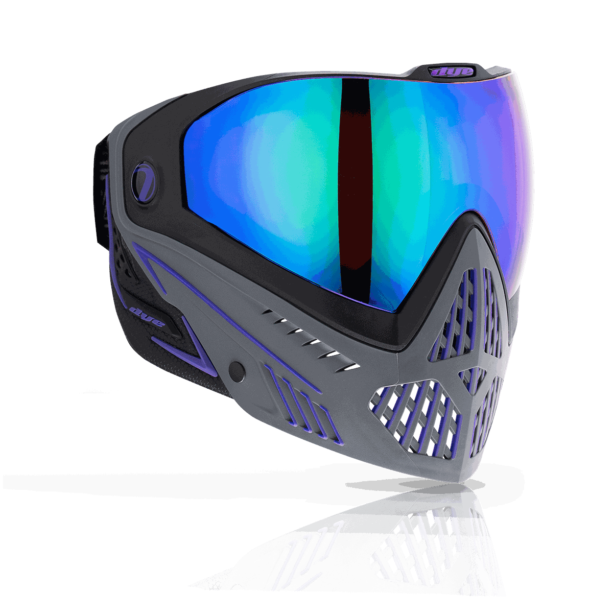 Dye i5 advanced paintball goggles with blue thermal anti-fog lens, gray and teal ultralite mask, and GSR pro-strap for secure fit.