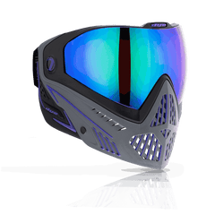 Dye i5 advanced paintball goggles with blue thermal anti-fog lens, gray and teal ultralite mask, and GSR pro-strap for secure fit.