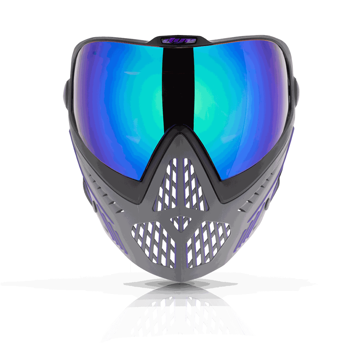 DYE i5 paintball goggles in purple, grey, and black with anti-fog thermal lens and secure GSR pro-strap design.