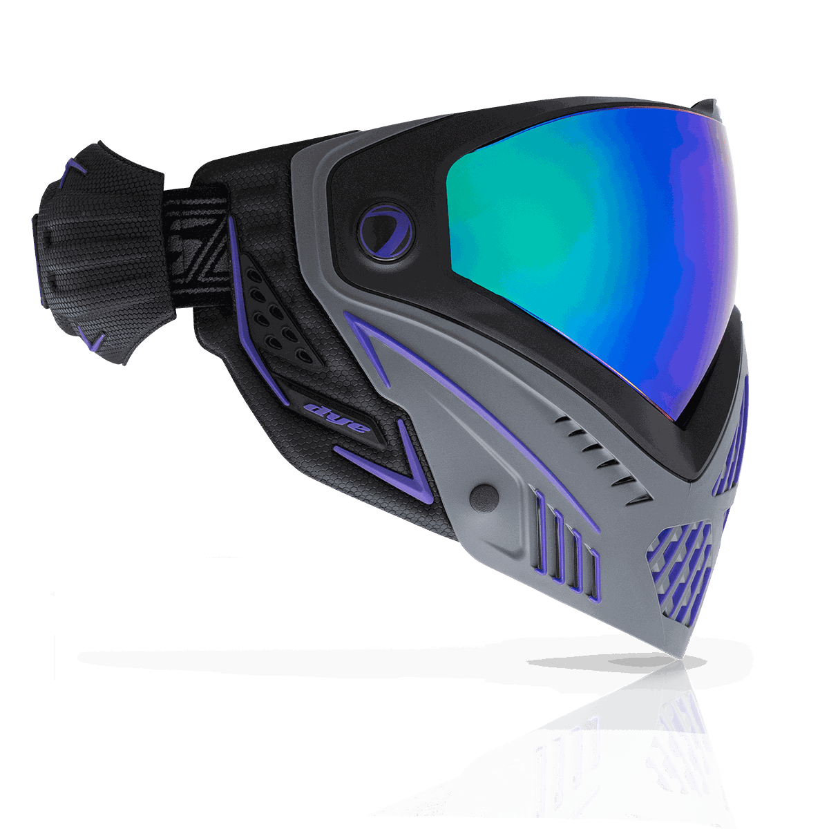 Dye i5 paintball goggles in blue, grey, and teal with anti-fog thermal lens and secure GSR Pro-Strap system.