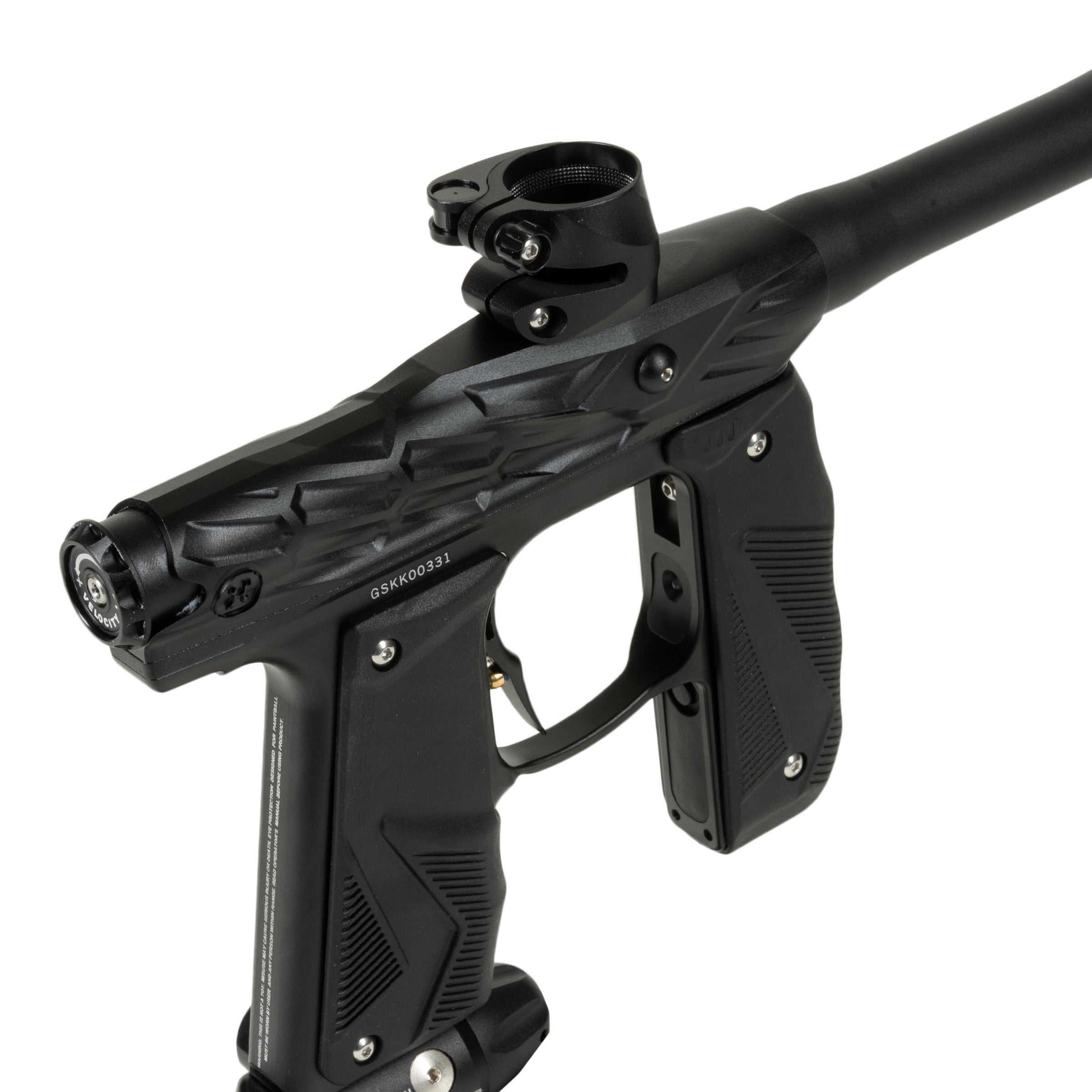 HK Army x Empire Mini GS Hive Electronic Gun – Black/Black std config, marker, accurate marker control, for woodsball play, rear angle