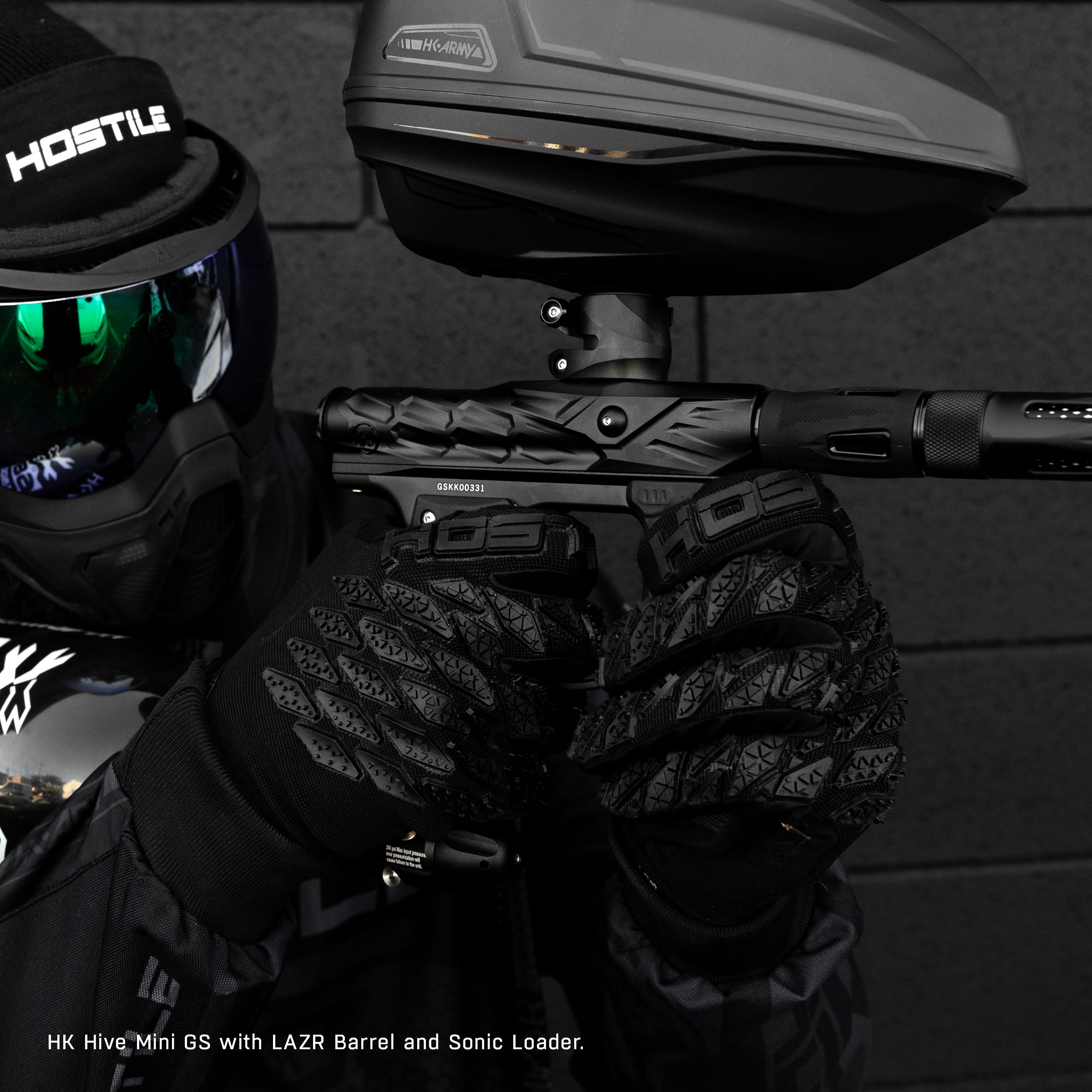 HK Army x Empire Mini GS Hive Electronic Gun – Black/Black std config, marker, ready to play feel, for woodsball play, feature detail