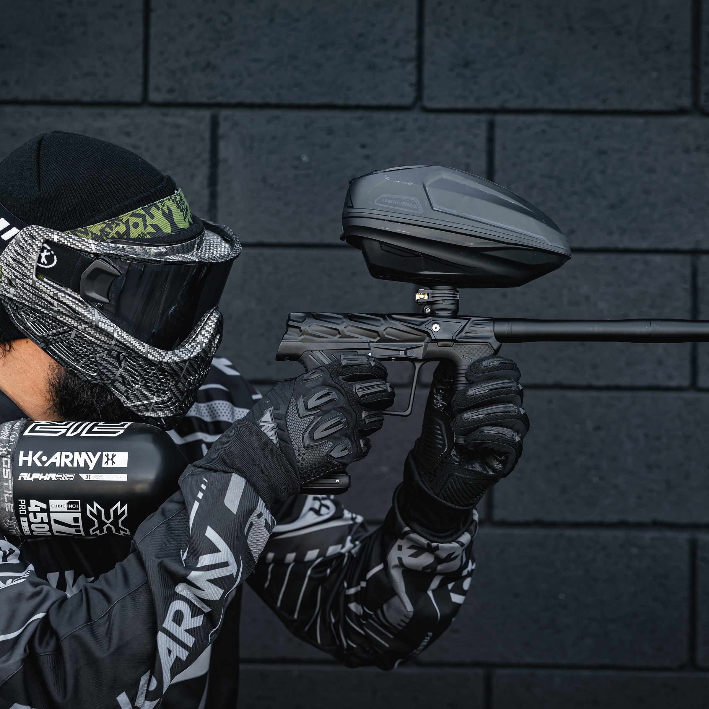 HK Army x Planet Eclipse ETHA3 MTL Hive Onyx Electronic Gun std config, marker, ready to play feel, for woodsball play, feature detail