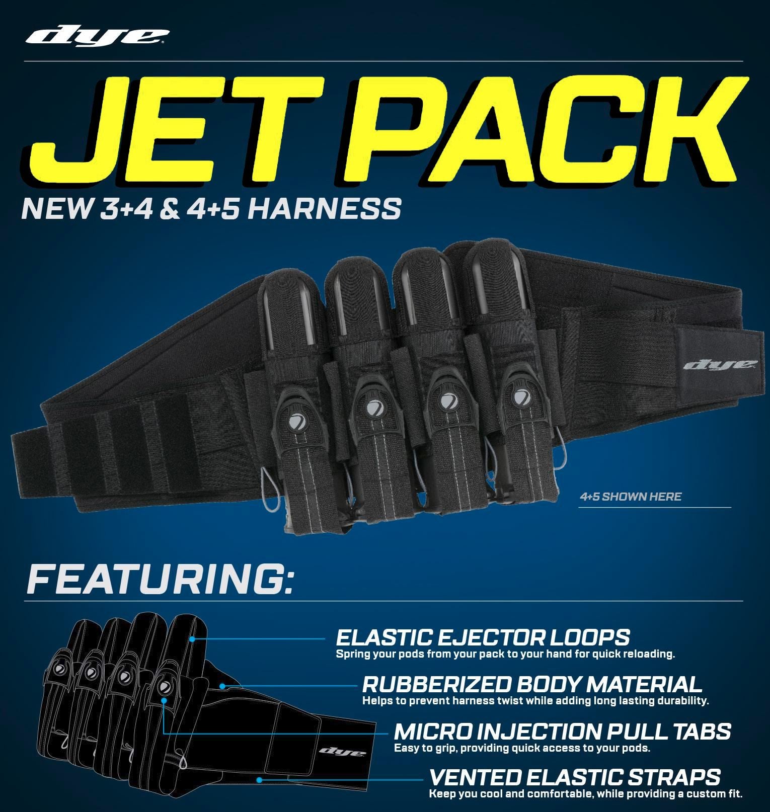 Dye Jet Pack Harness – 3+4 or 4+5 Pod Pack std config, pod pack harness, stable waist fit, for bunker moves, close detail