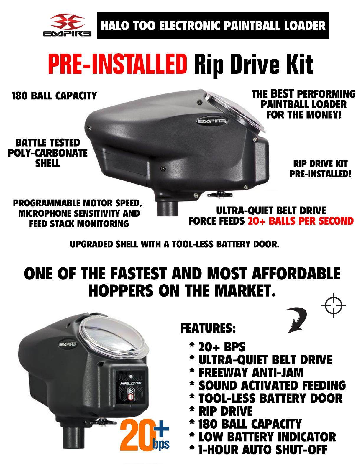 Limited Edition Empire Halo Too electronic paintball loader with matte black polycarbonate shell, 20+ balls per second feeding, ultra-quiet belt drive, Freeway Anti-Jam, sound-activated feeding, 180 ball capacity, and HK Army Epic Speed Feed compatible.