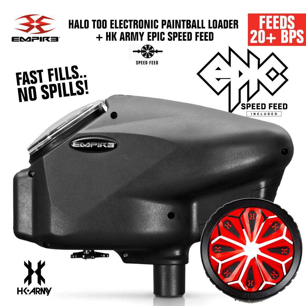 Limited Edition Empire Halo Too electronic paintball loader hopper in matte black with HK Army Epic Speed Feed, feeding 20+ balls per second and anti-jam technology