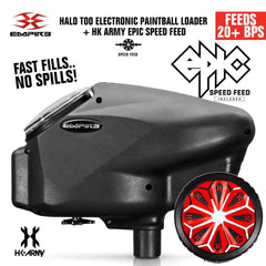 Limited Edition Empire Halo Too electronic paintball loader hopper in matte black with HK Army Epic Speed Feed, feeding 20+ balls per second and anti-jam technology