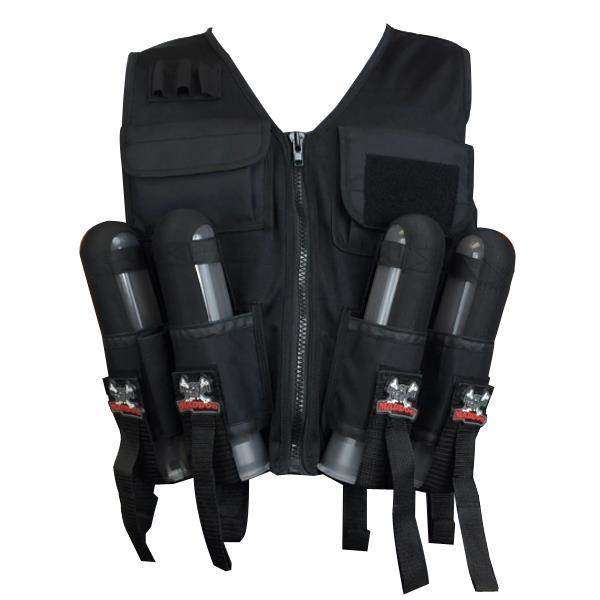 Black lightweight tactical paintball vest with four elastic pod holders and back tank holder up to 90ci