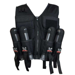 Black lightweight tactical paintball vest with four elastic pod holders and back tank holder up to 90ci