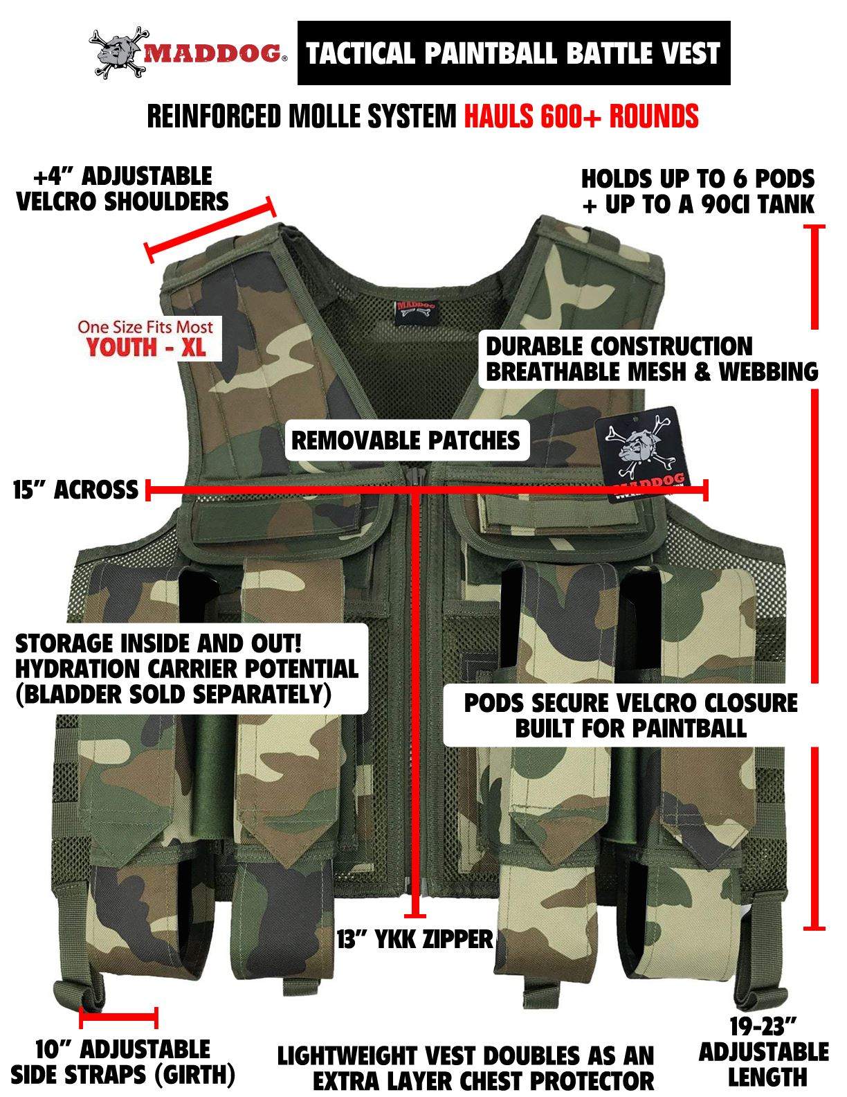 Maddog Tactical Battle Vest w/ Pods & Standard Remote Coil Paintball Package - Woodland Camo Maddog