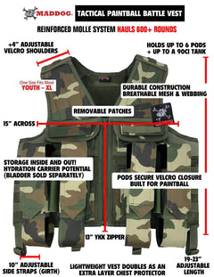 Maddog Tactical Battle Vest w/ Pods & Standard Remote Coil Paintball Package - Woodland Camo Maddog