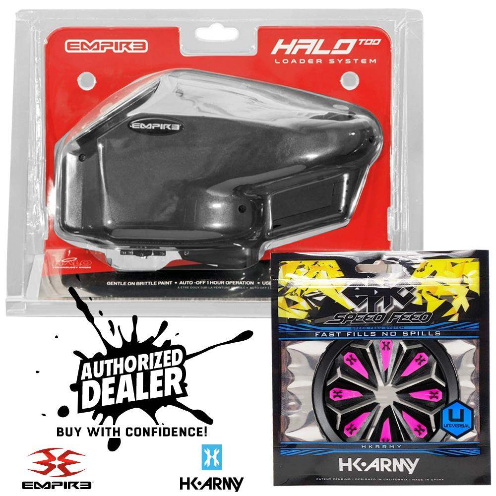 Limited Edition Empire Halo Too electronic paintball loader hopper with matte black finish and HK Army Epic Speed Feed accessory for fast, spill-free refills.