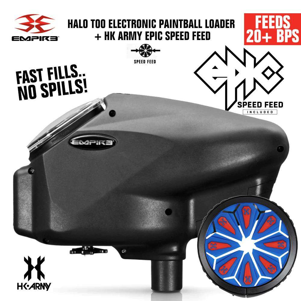 Limited Edition Empire Halo Too electronic paintball loader in matte black with HK Army Epic Speed Feed, feeding 20+ balls per second and anti-jam technology.