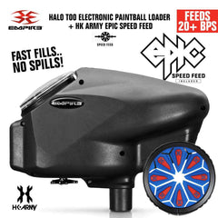 Limited Edition Empire Halo Too electronic paintball loader in matte black with HK Army Epic Speed Feed, feeding 20+ balls per second and anti-jam technology.