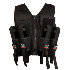Black lightweight tactical paintball vest with four pod holders, tank holder, and multiple pockets for accessories.