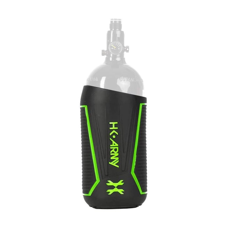 HK Army Vice Paintball Tank Cover in black and green for 48ci aluminum HPA tanks with anti-slip rubber grip and full coverage design
