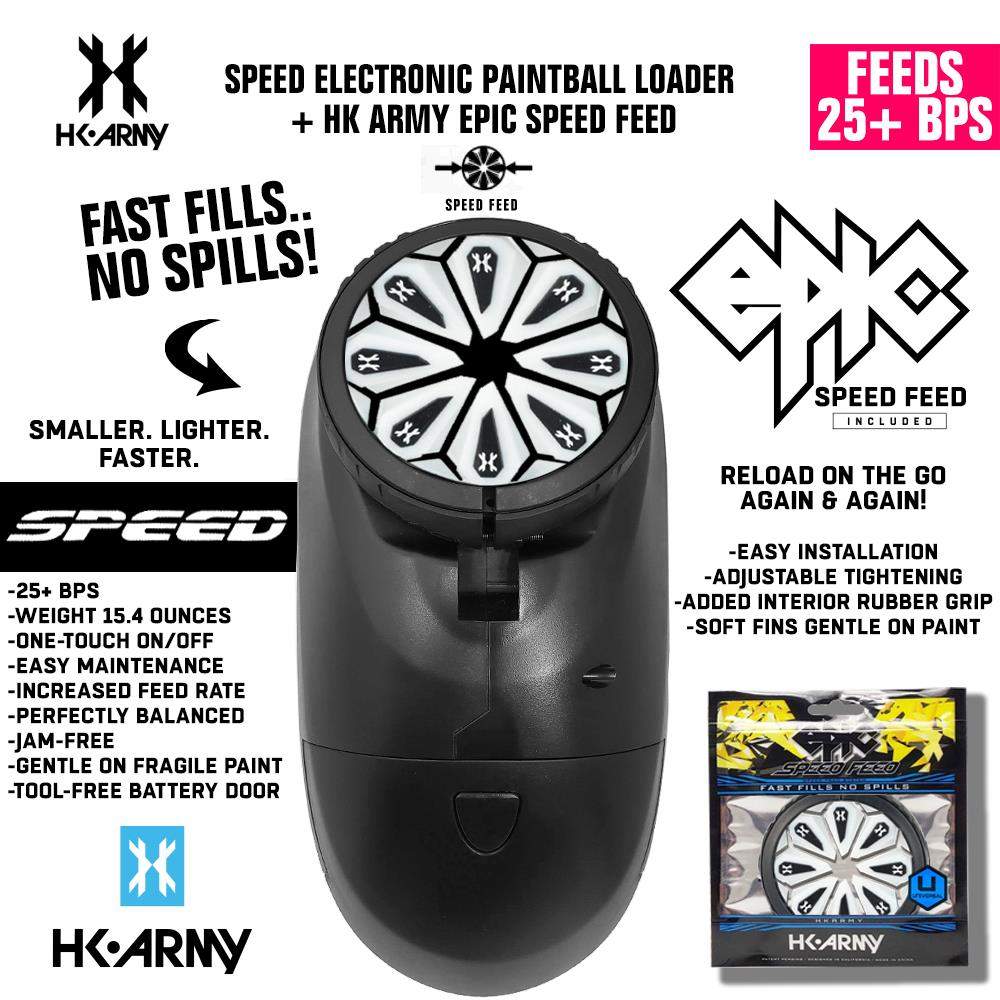 HK Army Speed Electronic Paintball Loader with Epic Speed Feed, fast fills, no spills, feeds 25+ BPS, lightweight and jam-free paintball hopper