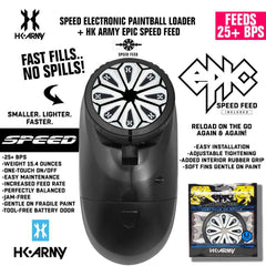 HK Army Speed Electronic Paintball Loader with Epic Speed Feed, fast fills, no spills, feeds 25+ BPS, lightweight and jam-free paintball hopper