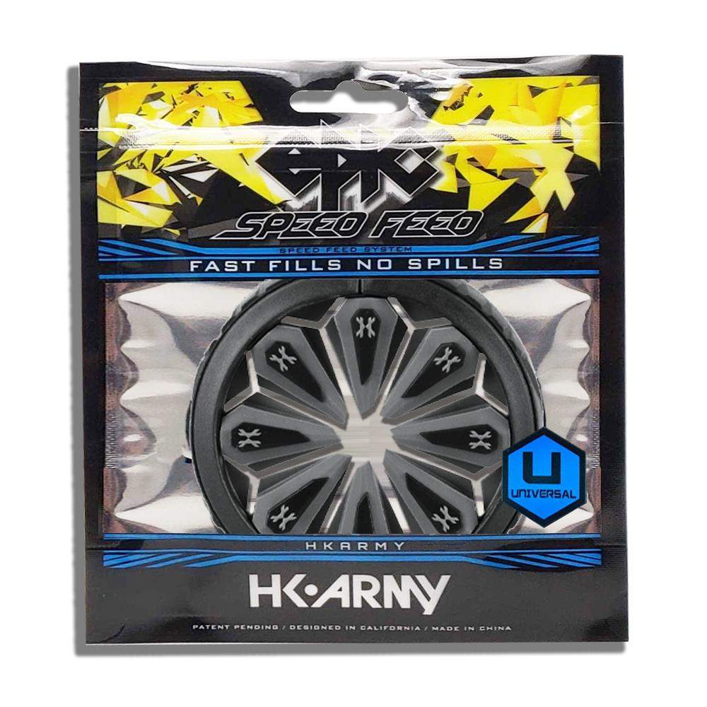 HK Army Epic Speed Feed paintball loader accessory in black and gray packaging with yellow and blue accents, designed for fast fills and no spills.