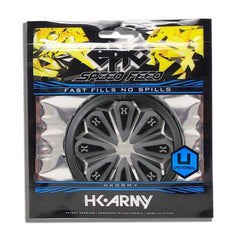 HK Army Epic Speed Feed paintball loader accessory in black and gray packaging with yellow and blue accents, designed for fast fills and no spills.