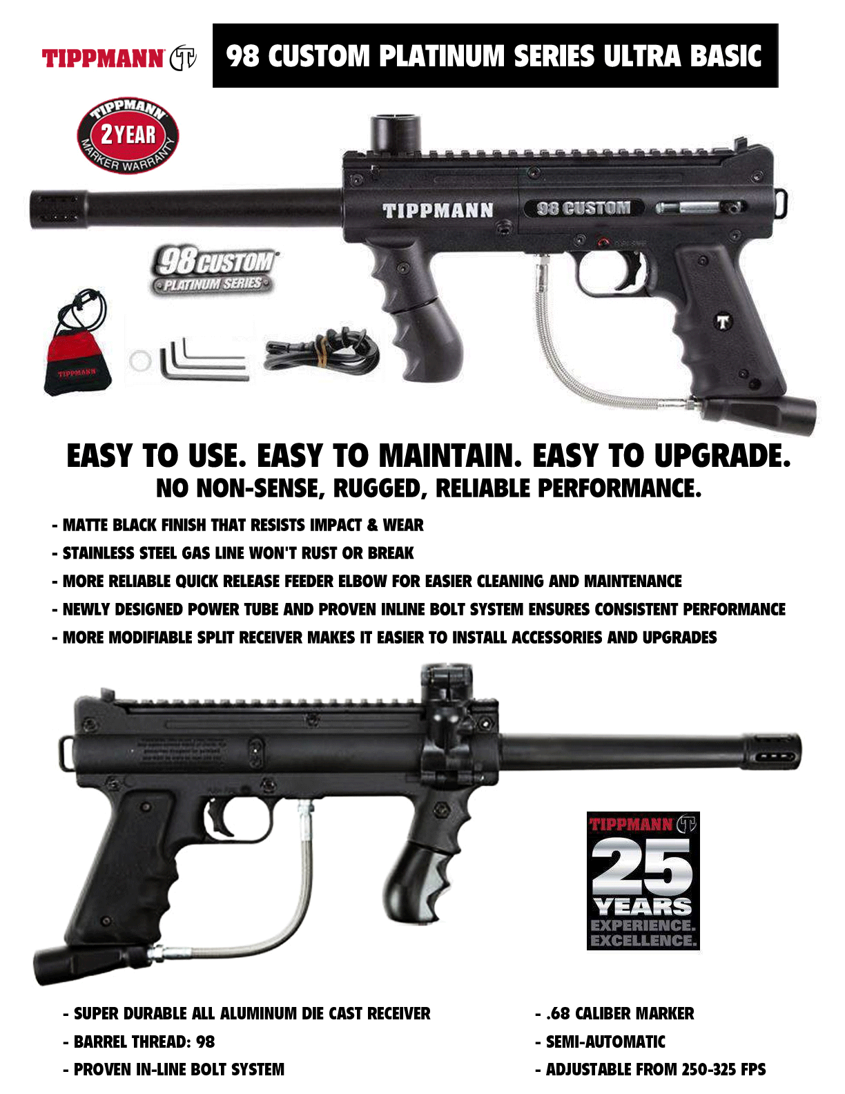 Tippmann Custom 98 Platinum Series semi-automatic paintball gun with durable black aluminum body and adjustable FPS