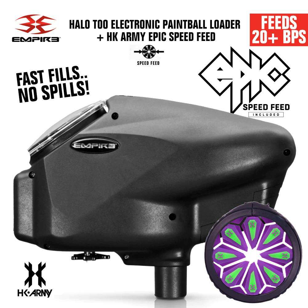 Limited Edition Empire Halo Too electronic paintball loader hopper in matte black with HK Army Epic Speed Feed for fast fills and no spills feeding 20+ balls per second
