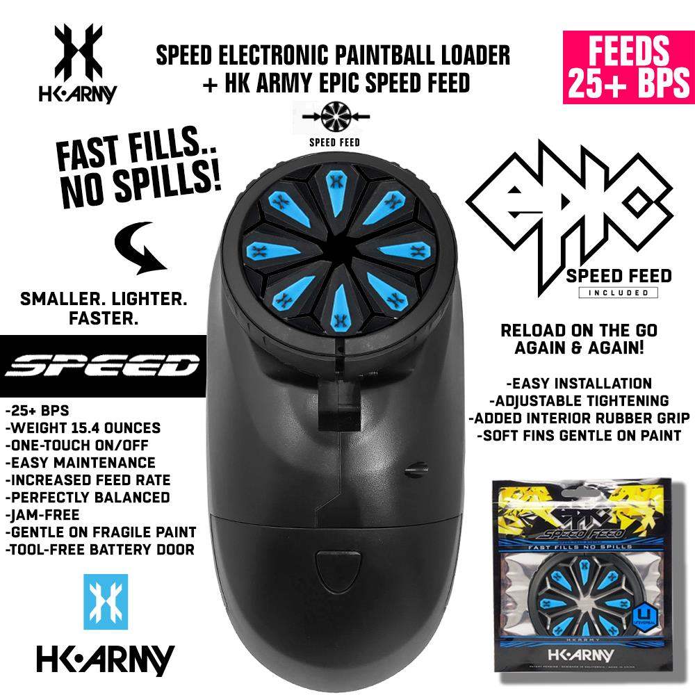 HK Army Speed Electronic Paintball Loader with Epic Speed Feed, fast 25+ BPS, jam-free, lightweight, tool-free battery door.