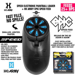 HK Army Speed Electronic Paintball Loader with Epic Speed Feed, fast 25+ BPS, jam-free, lightweight, tool-free battery door.