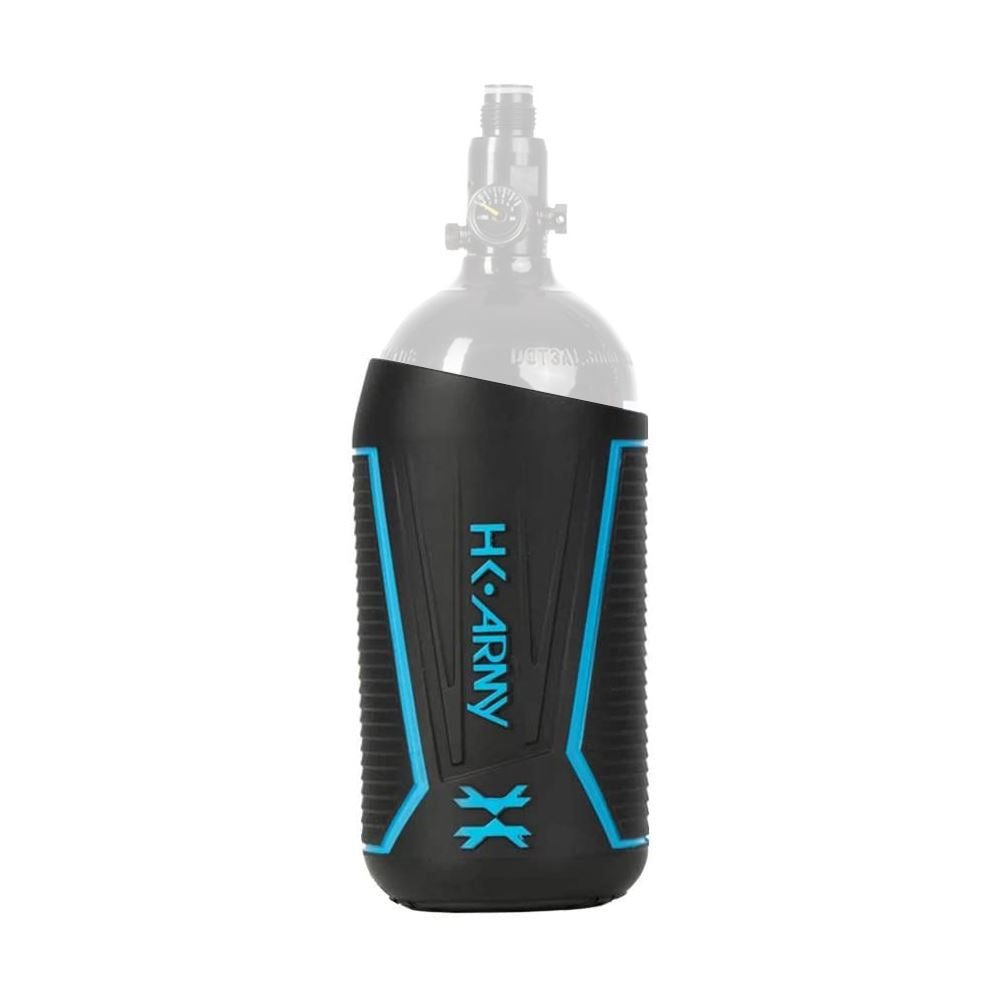 HK Army Vice Paintball Tank Cover in black and blue, full coverage anti-slip rubber grip for 48ci aluminum paintball tank