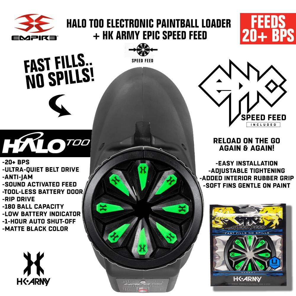 Limited Edition Empire Halo Too paintball loader with matte black finish and HK Army Epic Speed Feed, featuring 20+ BPS, anti-jam, and ultra-quiet belt drive