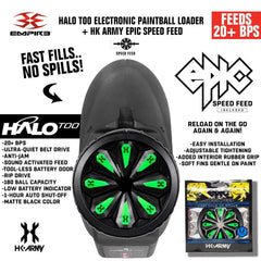 Limited Edition Empire Halo Too paintball loader with matte black finish and HK Army Epic Speed Feed, featuring 20+ BPS, anti-jam, and ultra-quiet belt drive