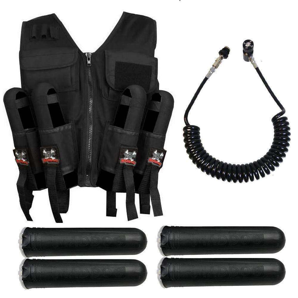 Lightweight tactical paintball vest with four pod holders, tank holder, two chest pockets, and remote coil hose.