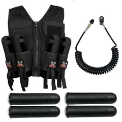 Lightweight tactical paintball vest with four pod holders, tank holder, two chest pockets, and remote coil hose.