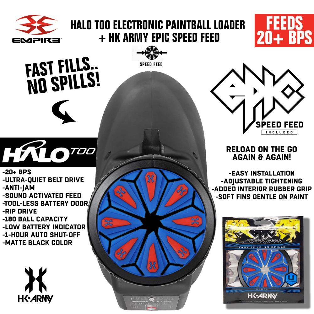 Limited Edition Empire Halo Too electronic paintball loader hopper in matte black with HK Army Epic Speed Feed, featuring 20+ BPS, anti-jam, sound-activated feed, and 180 ball capacity