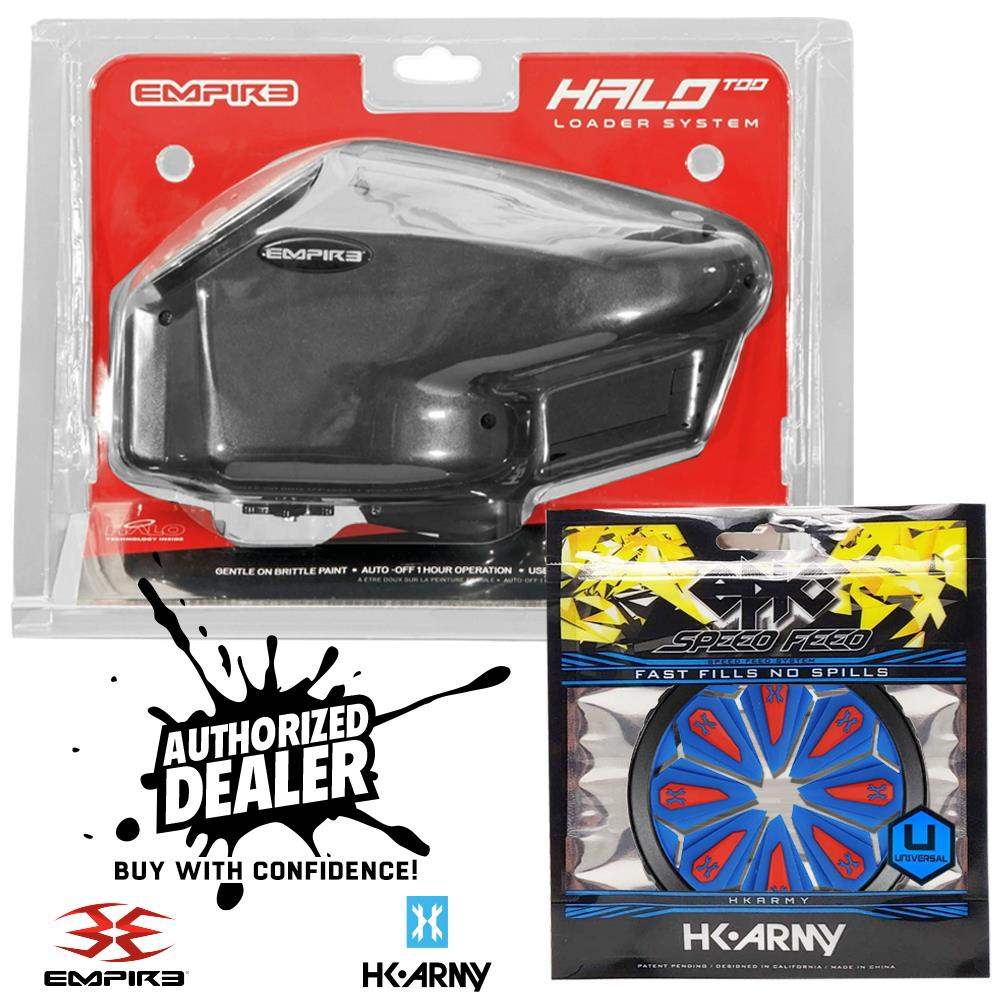 Limited Edition Empire Halo Too electronic paintball loader hopper in matte black with HK Army Epic Speed Feed for fast, spill-free fills