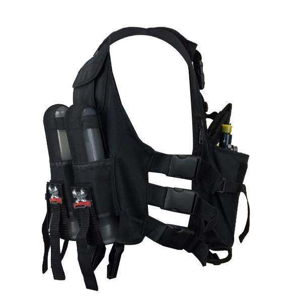 Black lightweight tactical paintball vest with four pod holders and 90ci tank holder