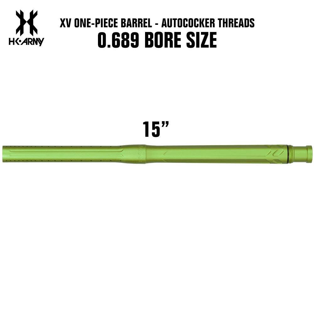 HK Army XV one-piece paintball barrel in dust neon green with 0.689 bore size and autococker threading, 15 inches long.
