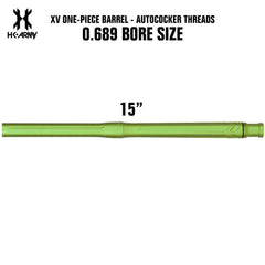 HK Army XV one-piece paintball barrel in dust neon green with 0.689 bore size and autococker threading, 15 inches long.
