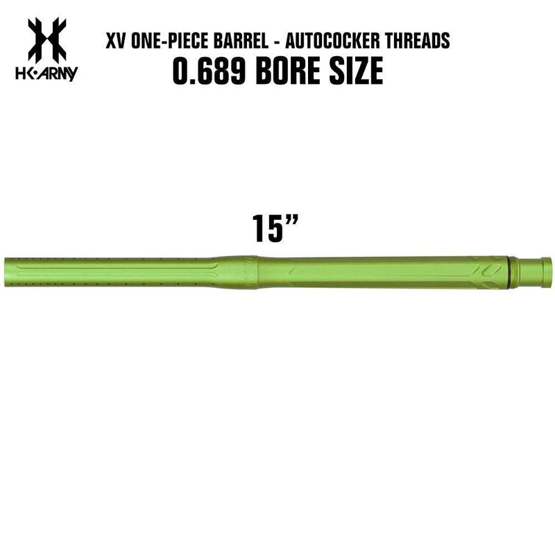 HK Army XV one-piece paintball barrel in dust neon green with 0.689 bore size and autococker threading, 15 inches long.