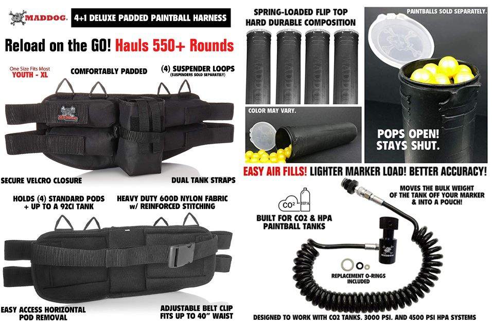 Maddog 4+1 Paintball Harness with Paintball Pods and Quick Disconnect Remote Coil Combo Maddog