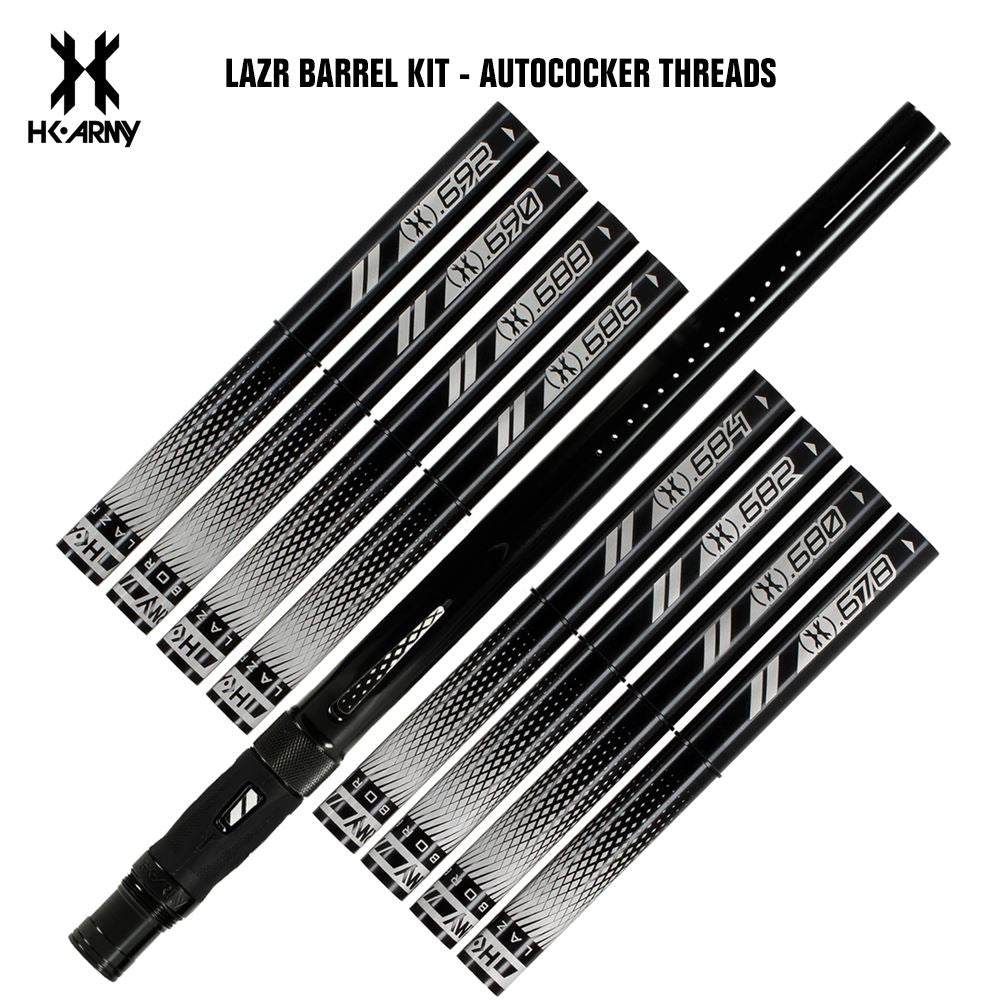 HK Army LAZR paintball barrel kit with Autococker threads, black finish, and multiple bore size inserts for precision aiming