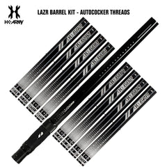 HK Army LAZR paintball barrel kit with Autococker threads, black finish, and multiple bore size inserts for precision aiming