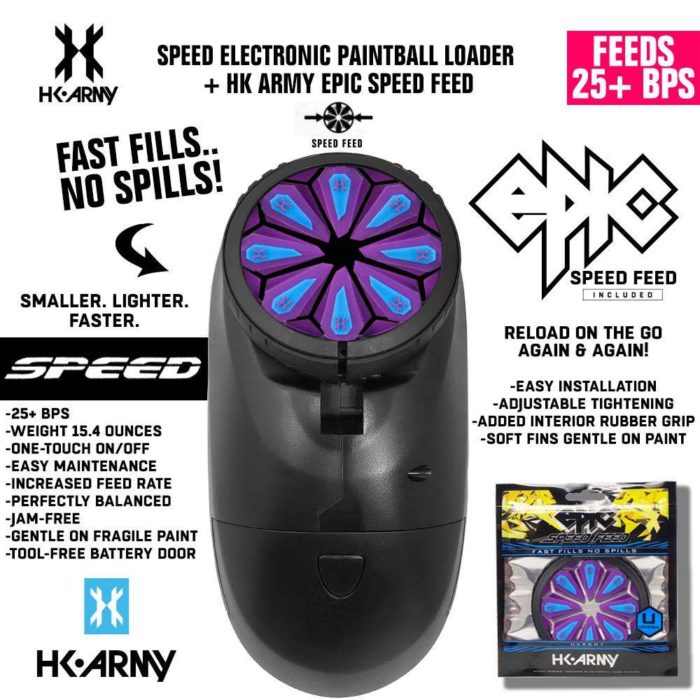 HK Army Speed Electronic Paintball Loader with Epic Speed Feed, fast 25+ BPS, lightweight, jam-free, and easy maintenance loader for paintball markers.
