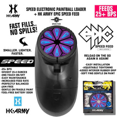 HK Army Speed Electronic Paintball Loader with Epic Speed Feed, fast 25+ BPS, lightweight, jam-free, and easy maintenance loader for paintball markers.