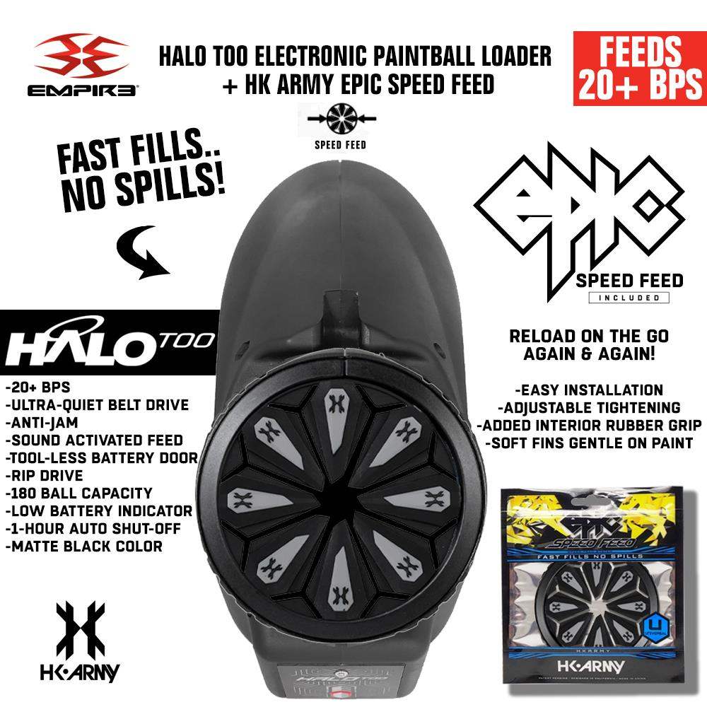 Limited Edition Empire Halo Too electronic paintball loader hopper in matte black with HK Army Epic Speed Feed, feeding 20+ BPS and anti-jam technology.
