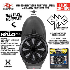 Limited Edition Empire Halo Too electronic paintball loader hopper in matte black with HK Army Epic Speed Feed, feeding 20+ BPS and anti-jam technology.