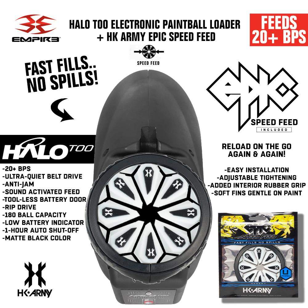 Limited Edition Empire Halo Too paintball loader in matte black with HK Army Epic Speed Feed, ultra-quiet, anti-jam, 20+ BPS, 180 ball capacity, sound-activated feeding