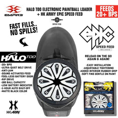 Limited Edition Empire Halo Too paintball loader in matte black with HK Army Epic Speed Feed, ultra-quiet, anti-jam, 20+ BPS, 180 ball capacity, sound-activated feeding