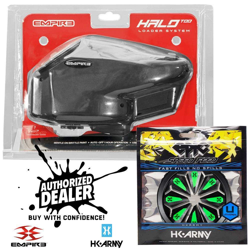 Limited Edition Empire Halo Too electronic paintball loader hopper with matte black finish and HK Army Epic Speed Feed combo